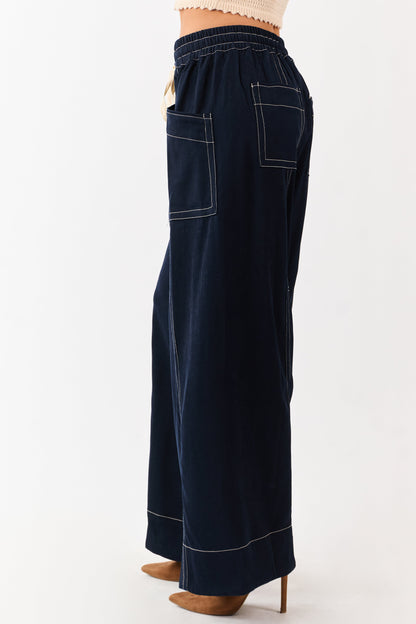 Faded Navy Contrast Stitch Drawstring Wide Leg Pants