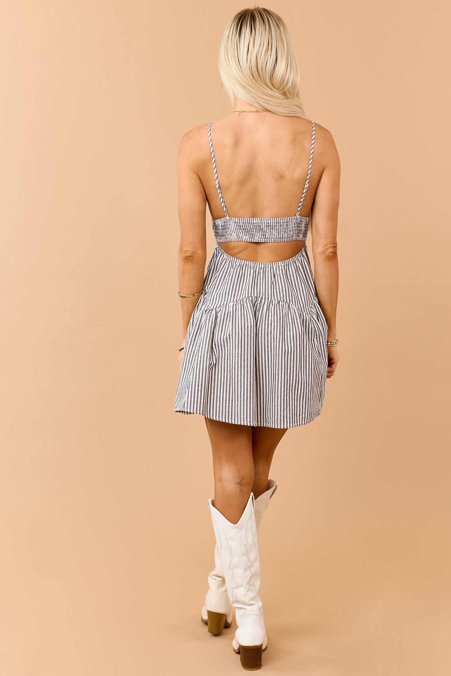 Faded Navy Striped Cotton Smocked Waist Mini Dress