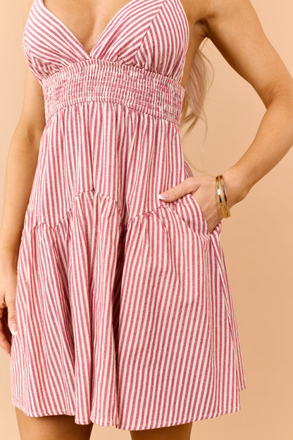 Faded Ruby Striped Cotton Smocked Waist Mini Dress