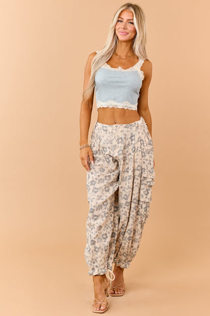 Faded Sea Blue Rib Knit Contrast Lace Trim Tank Top