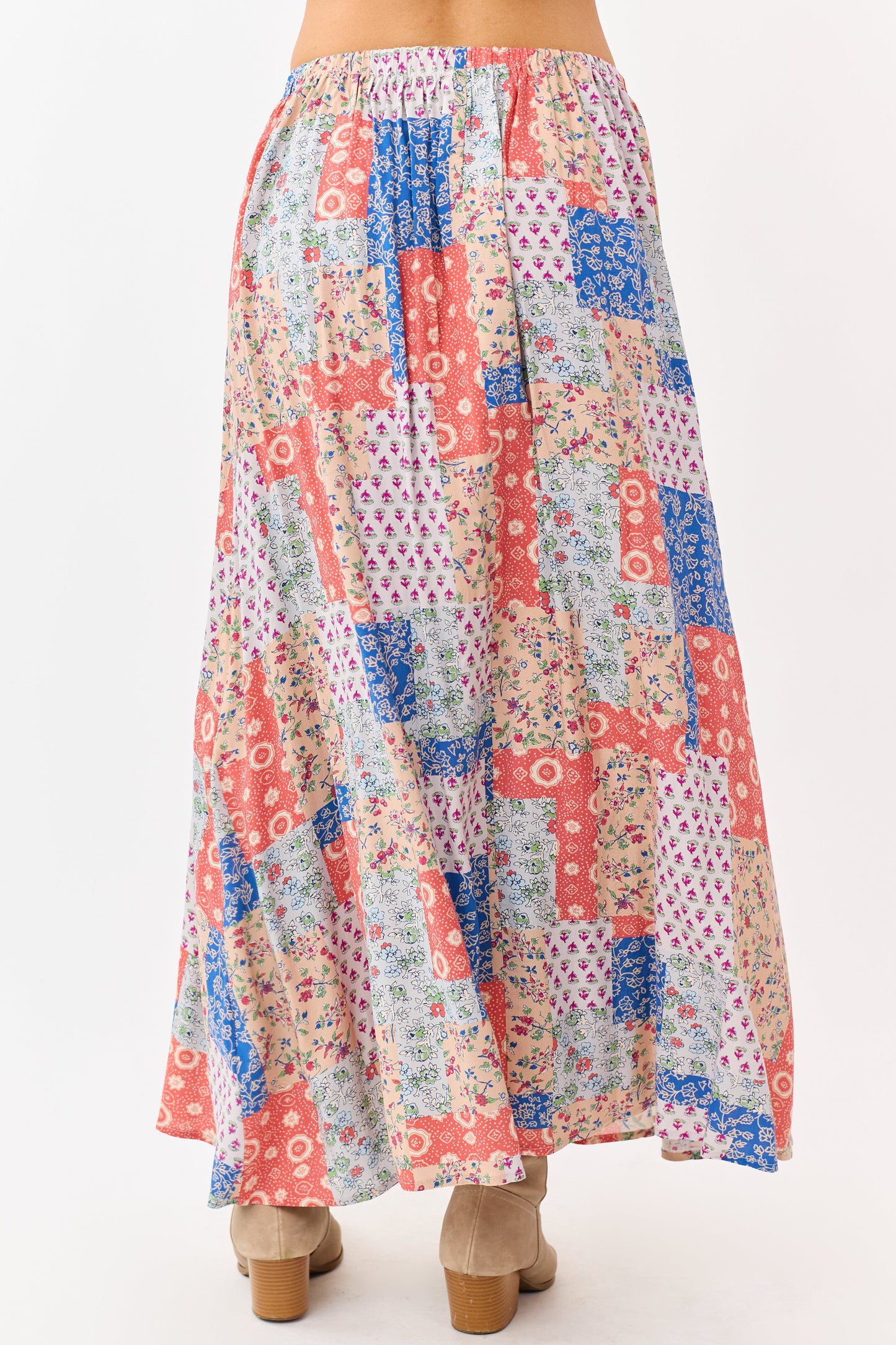 Fire Patchwork Floral Boho Flowy Maxi Skirt