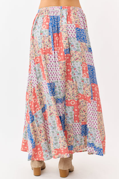 Fire Patchwork Floral Boho Flowy Maxi Skirt