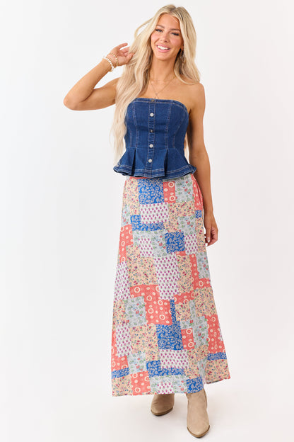 Fire Patchwork Floral Boho Flowy Maxi Skirt