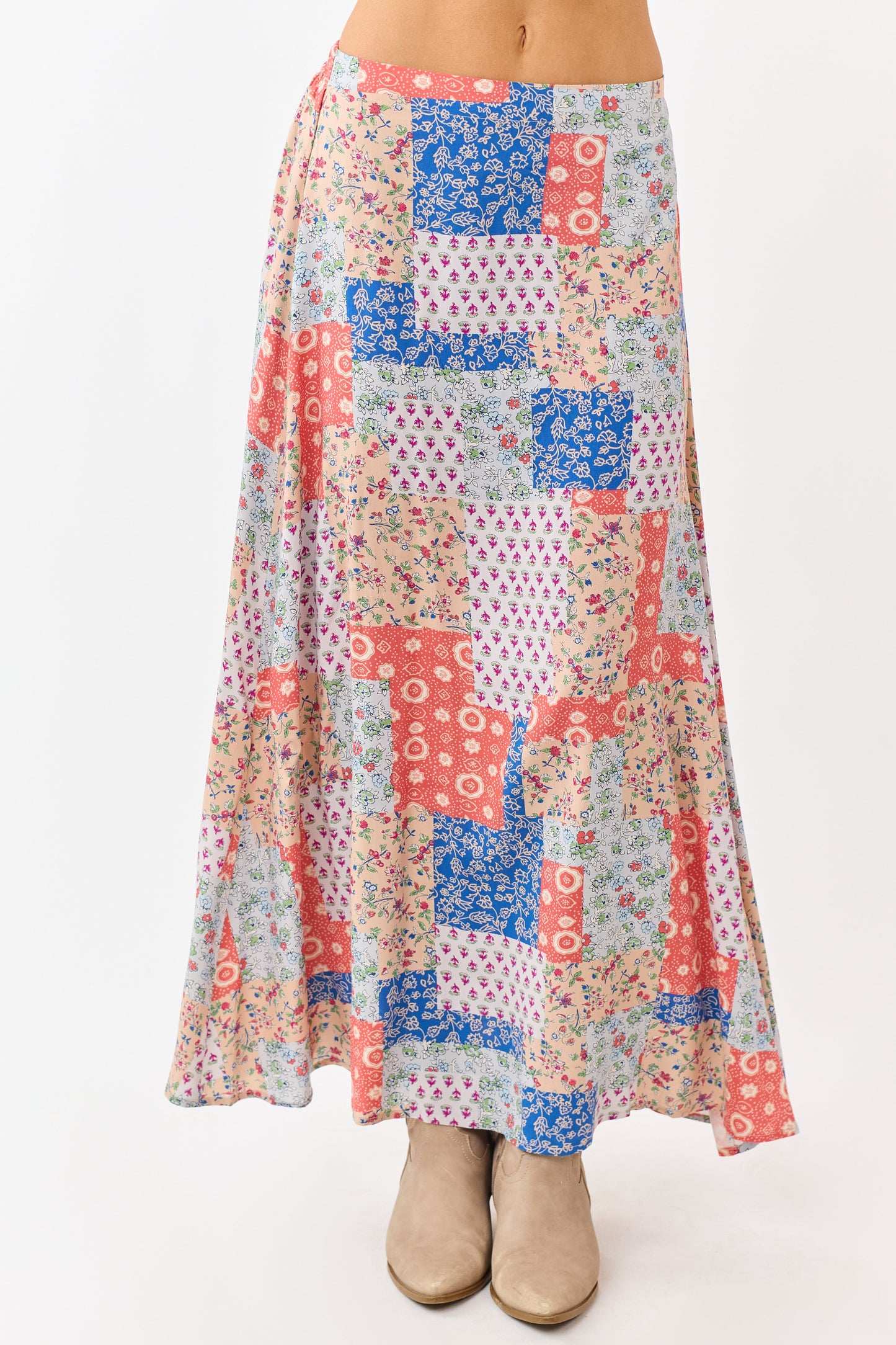 Fire Patchwork Floral Boho Flowy Maxi Skirt