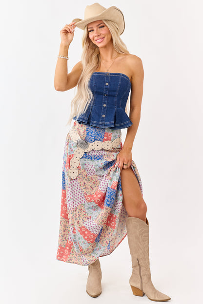 Fire Patchwork Floral Boho Flowy Maxi Skirt
