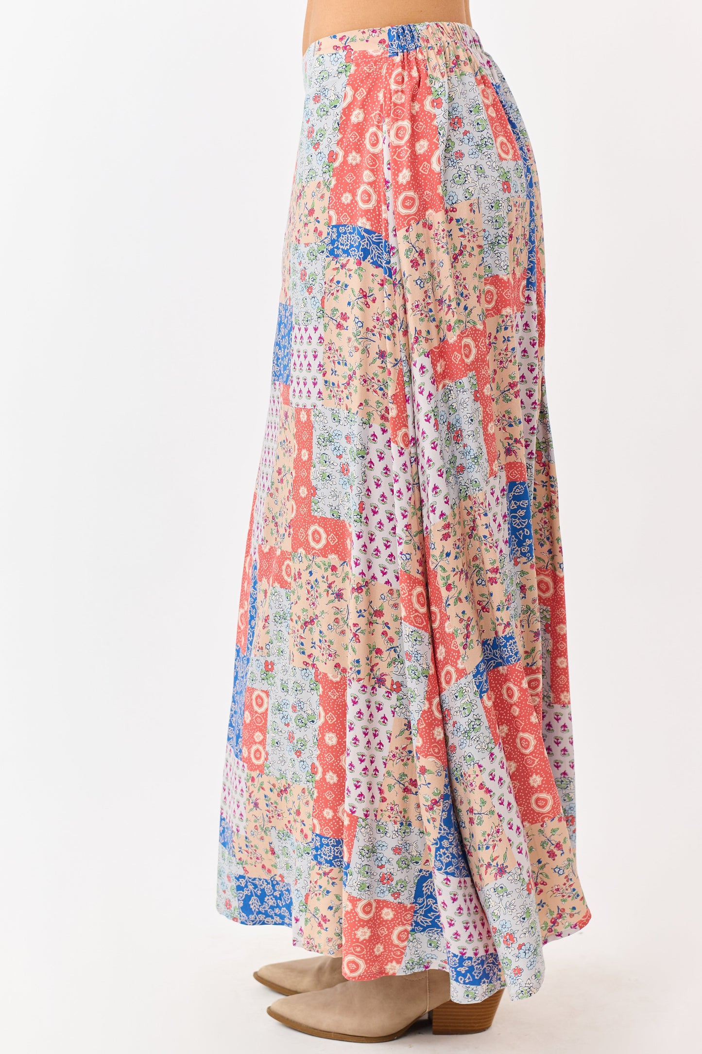 Fire Patchwork Floral Boho Flowy Maxi Skirt