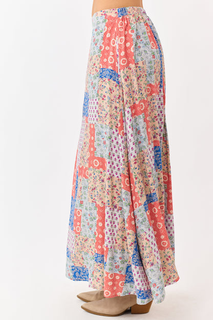 Fire Patchwork Floral Boho Flowy Maxi Skirt