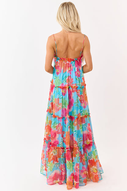 Flying Tomato Azure Floral Print Chiffon Maxi Dress