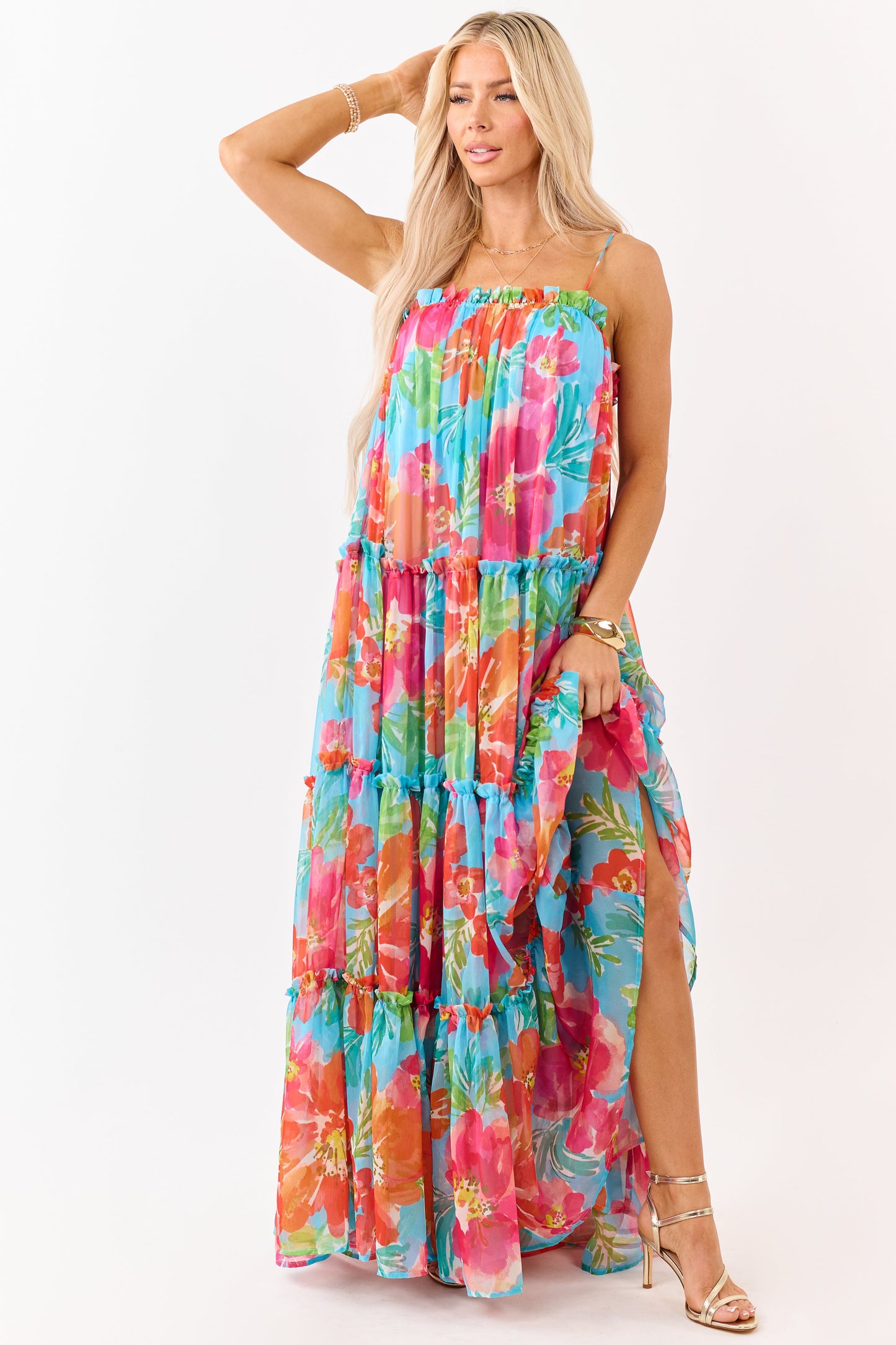 Flying Tomato Azure Floral Print Chiffon Maxi Dress