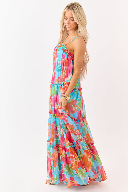 Flying Tomato Azure Floral Print Chiffon Maxi Dress