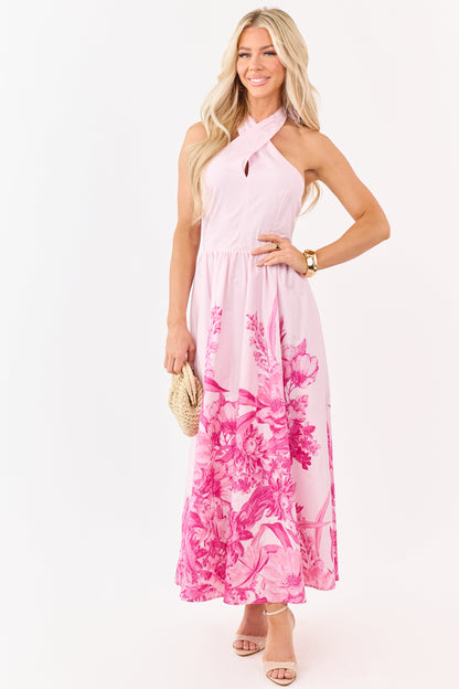 Flying Tomato Blush Cotton Floral Halter Midi Dress