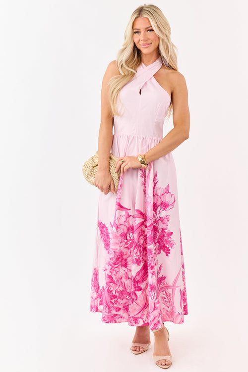 Flying Tomato Blush Cotton Floral Halter Midi Dress