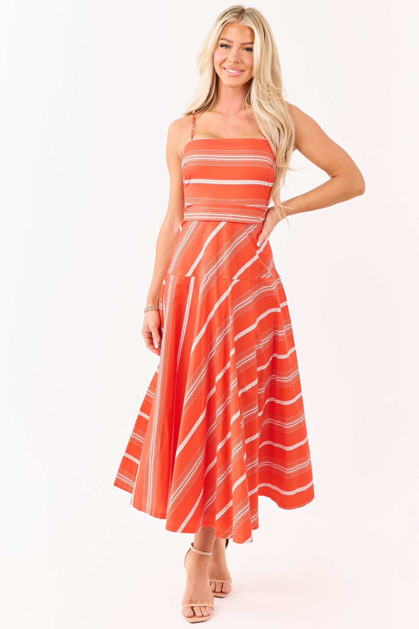 Flying Tomato Brick Striped Cotton Midi Dress