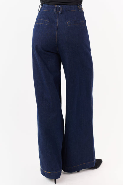 Flying Tomato Dark Wash Wide Leg Waist Detail Jeans