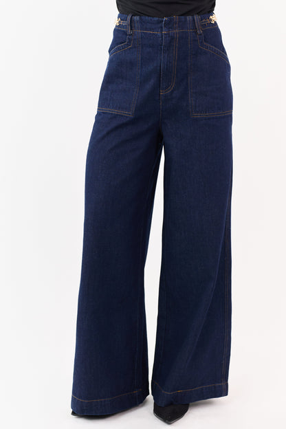 Flying Tomato Dark Wash Wide Leg Waist Detail Jeans