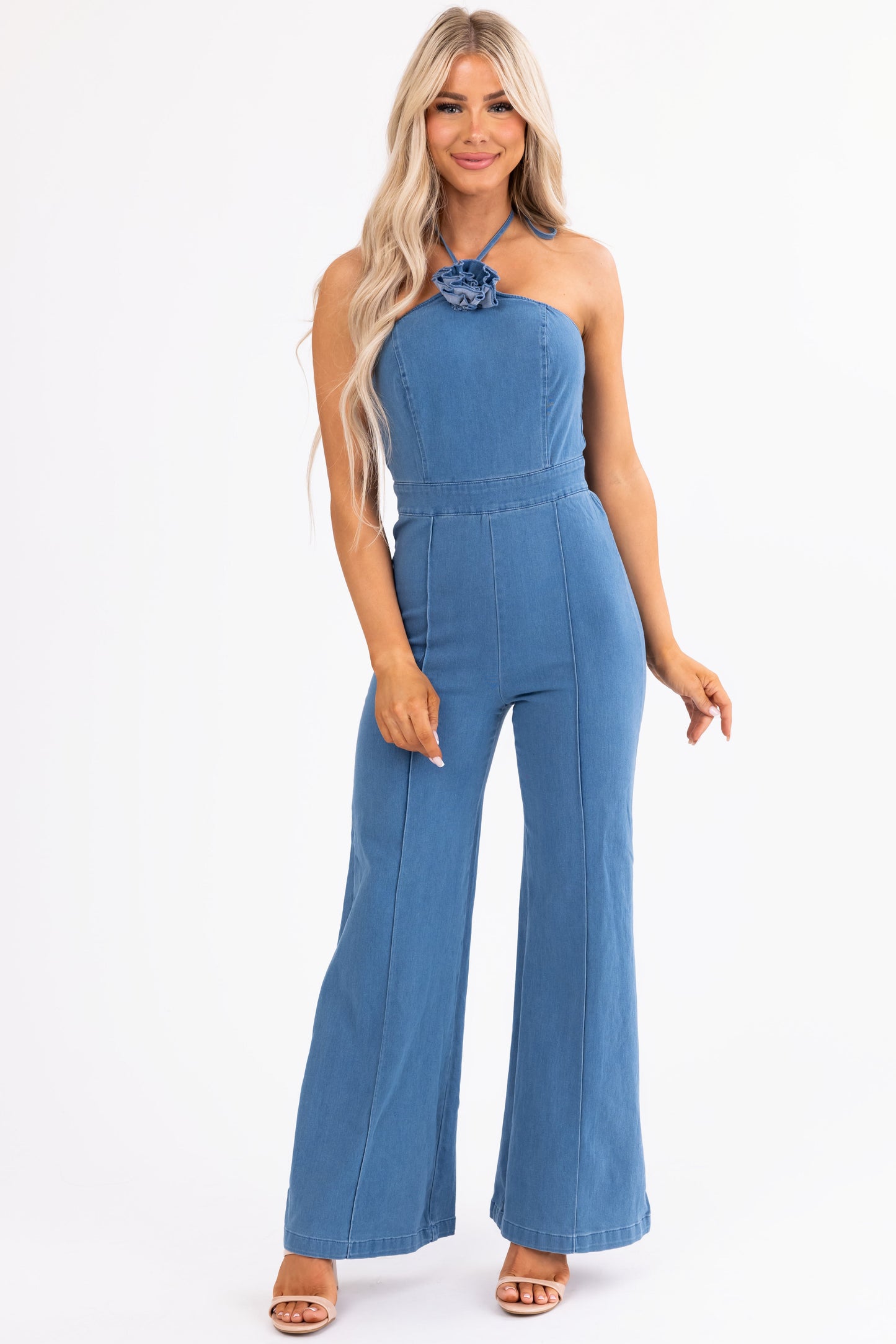 Flying Tomato Medium Wash Halter Neck Jumpsuit