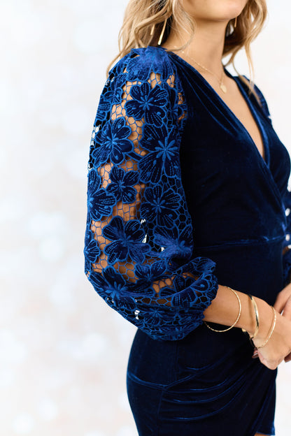 Flying Tomato Navy Lace Sleeve Velvet Mini Dress