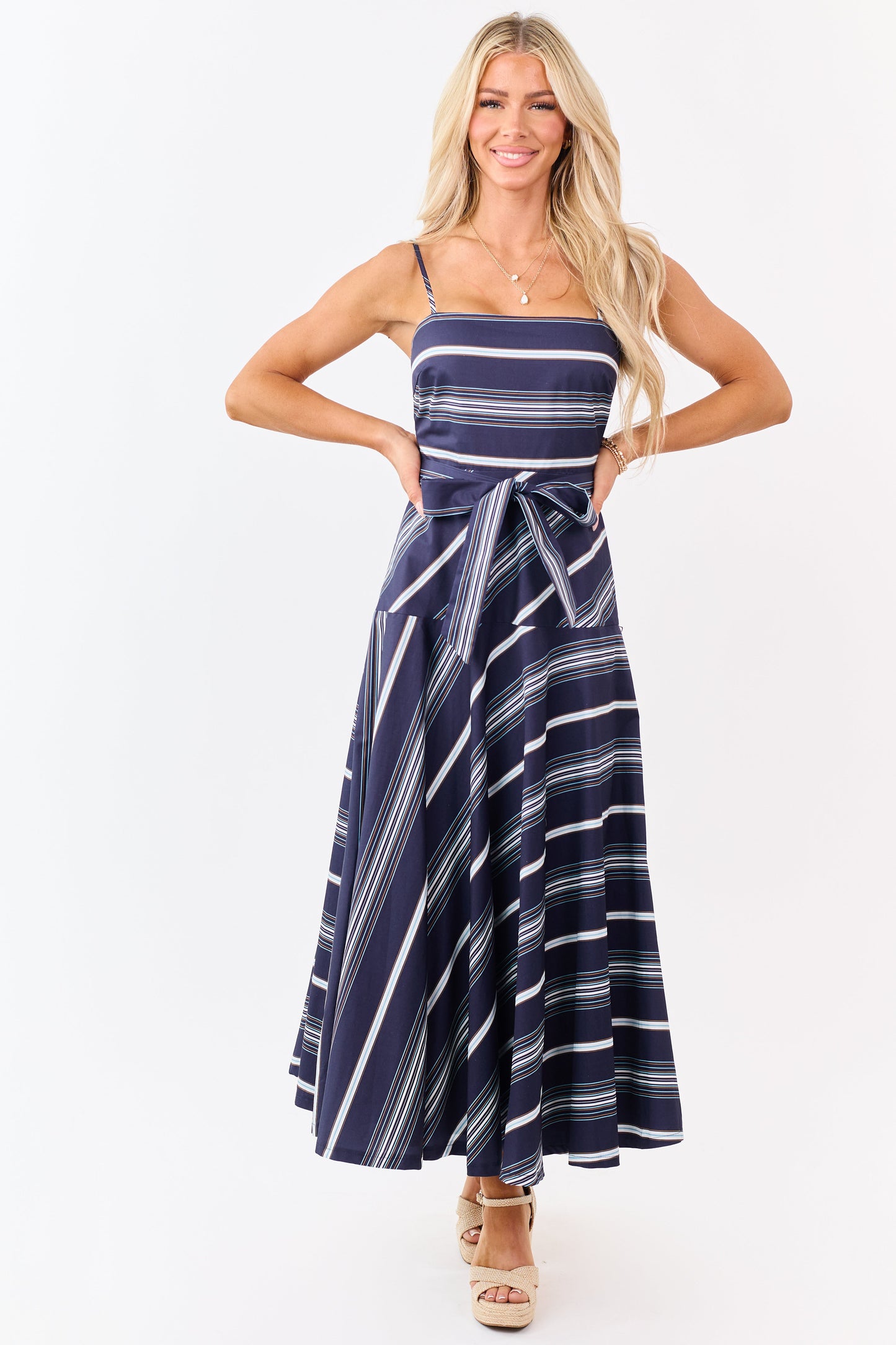 Flying Tomato Navy Striped Cotton Midi Dress