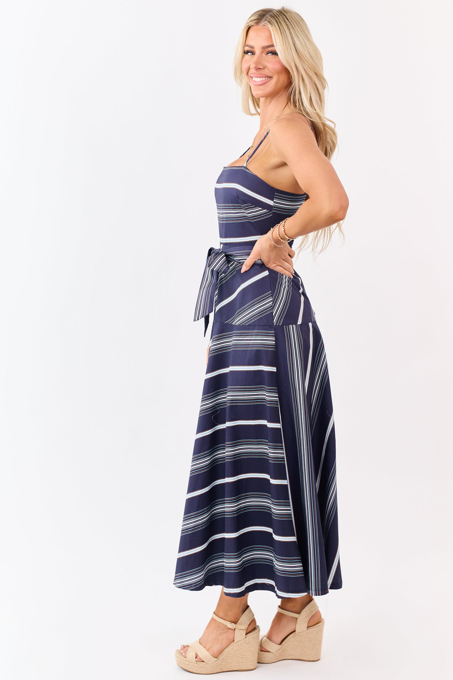 Flying Tomato Navy Striped Cotton Midi Dress