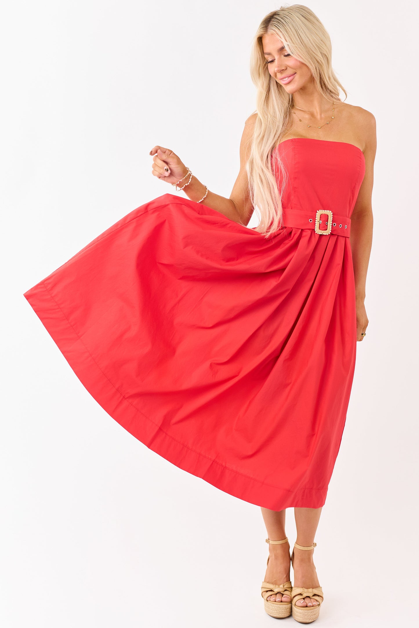 Flying Tomato Scarlet Cotton Strapless Midi Dress