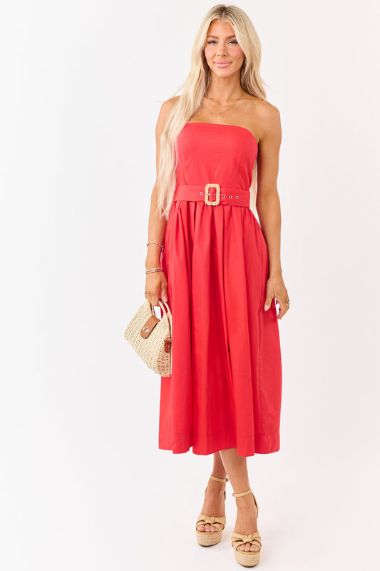 Flying Tomato Scarlet Cotton Strapless Midi Dress
