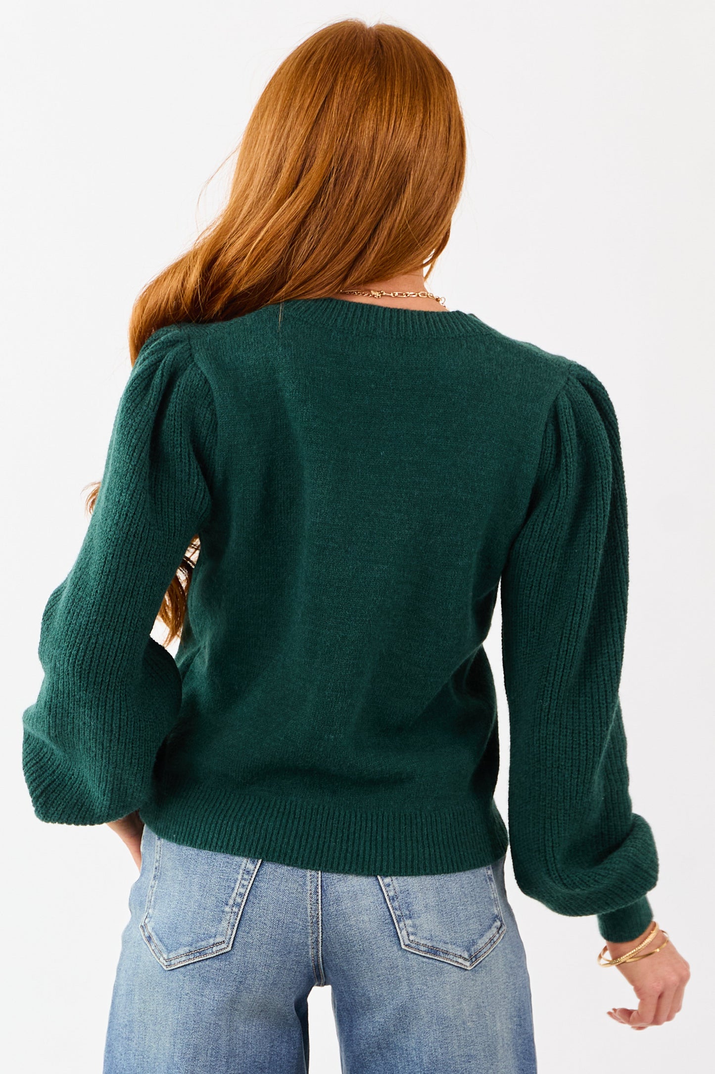 Forest Green Ribbed Knit Puff Long Sleeve Sweater
