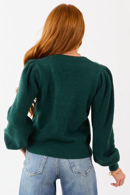 Forest Green Ribbed Knit Puff Long Sleeve Sweater