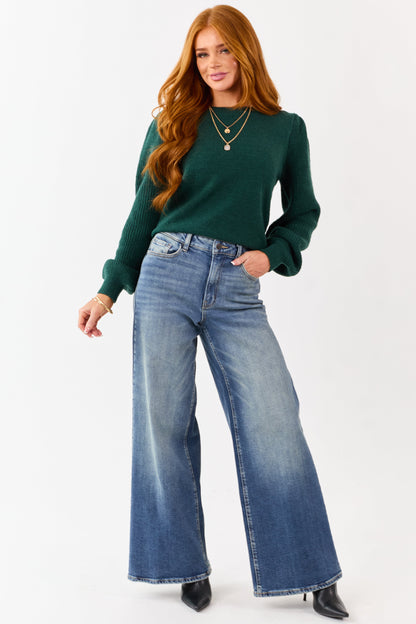 Forest Green Ribbed Knit Puff Long Sleeve Sweater