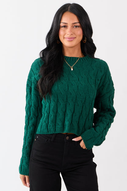 Forest Green Semi Cropped Chenille Cable Knit Sweater