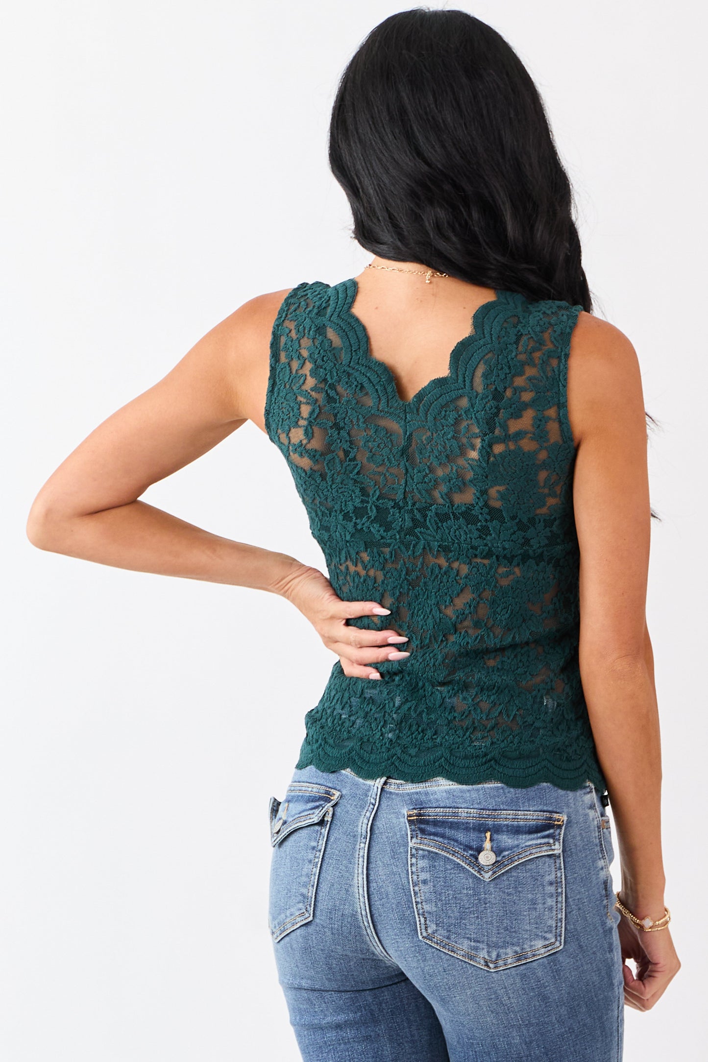 Forest Green Sheer Lace V-Neck Cinched Bust Tank Top