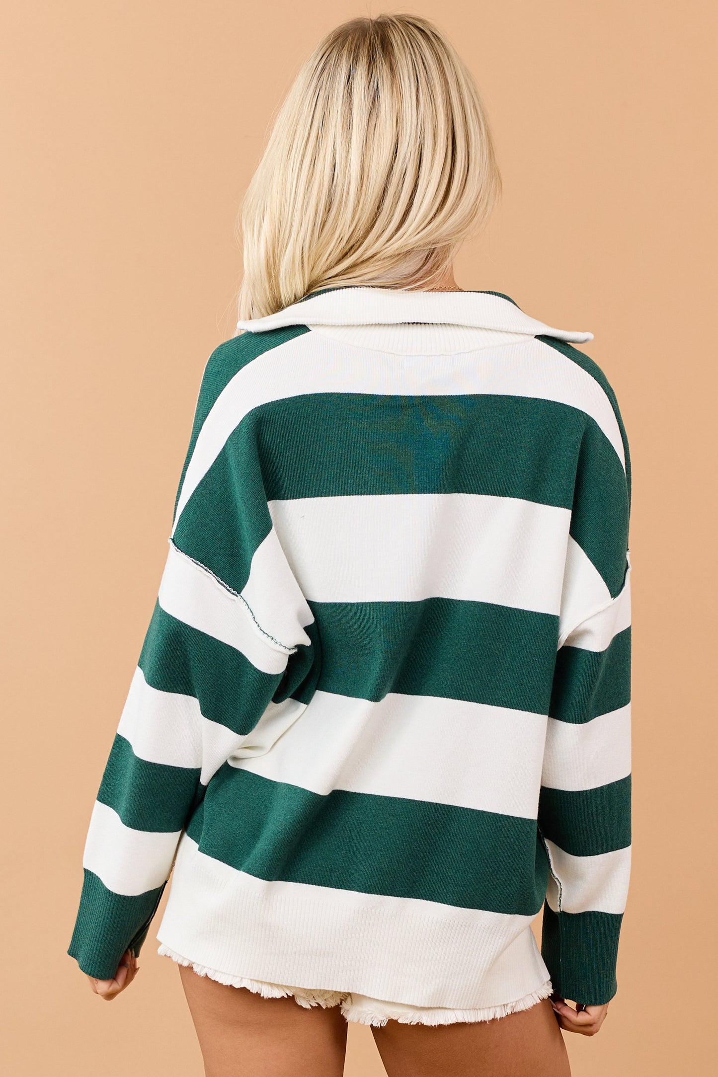 Forest Green Striped Quarter Zip Long Sleeve Sweater