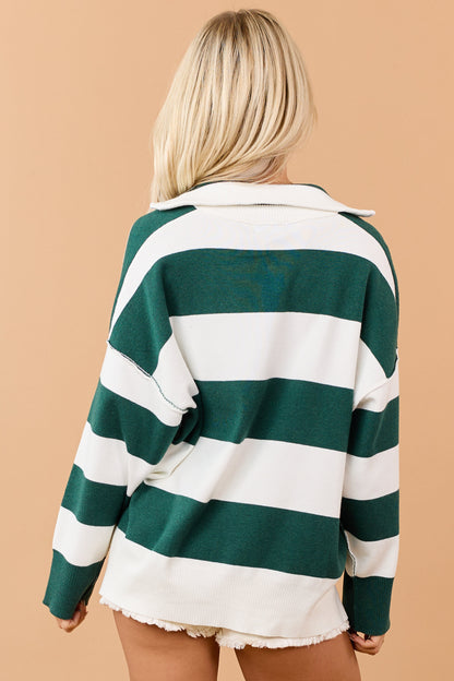 Forest Green Striped Quarter Zip Long Sleeve Sweater