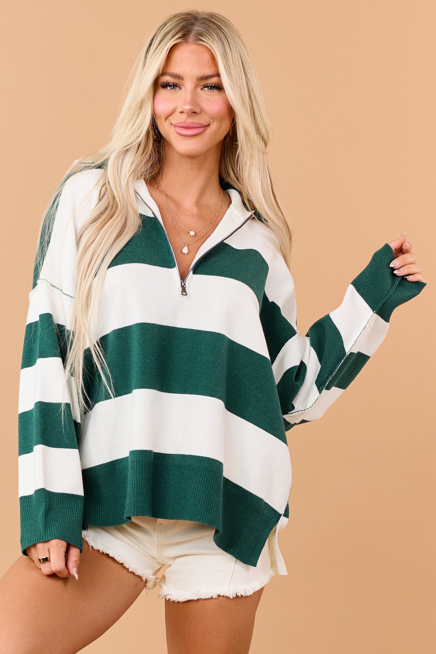Forest Green Striped Quarter Zip Long Sleeve Sweater