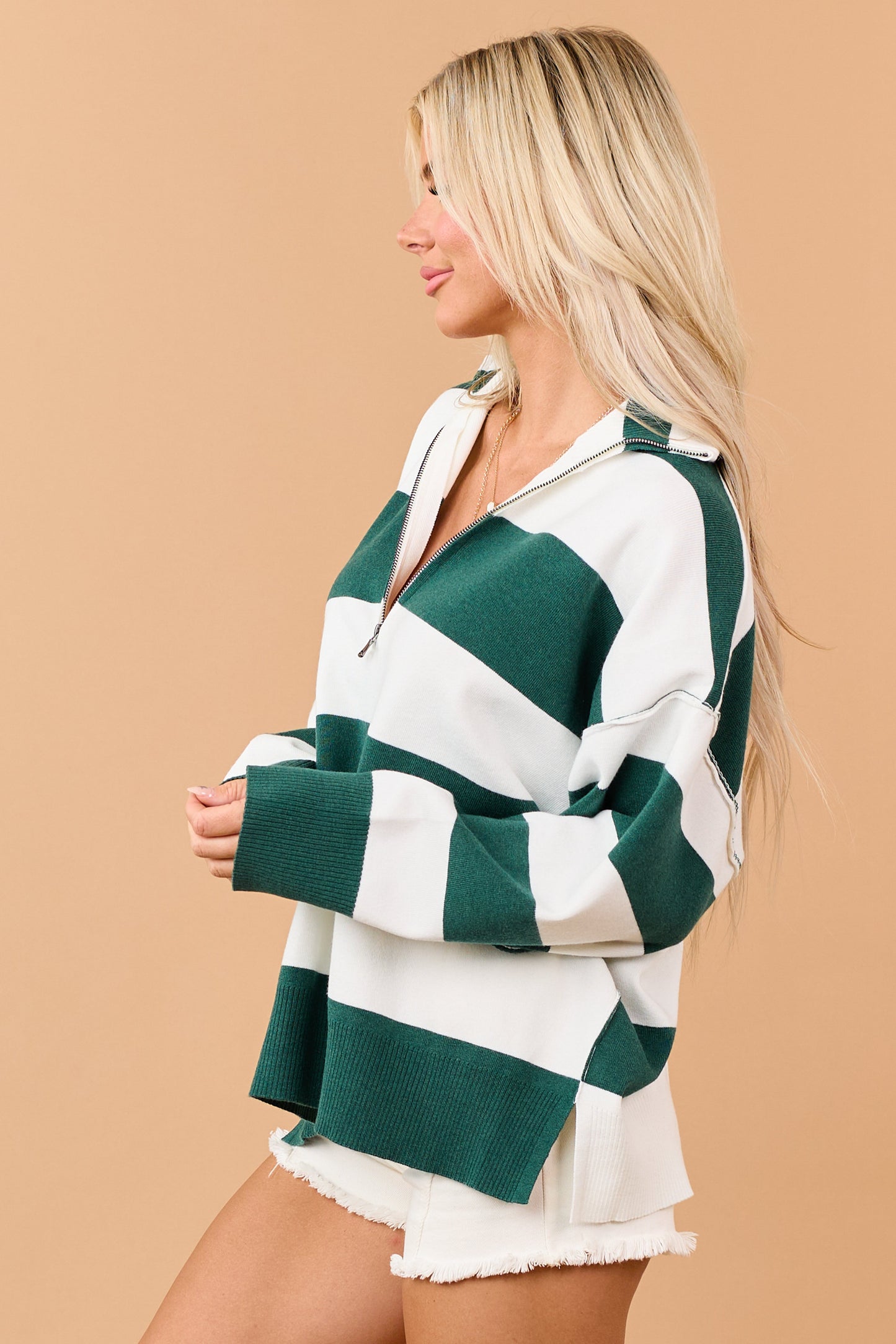Forest Green Striped Quarter Zip Long Sleeve Sweater