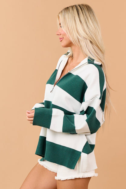 Forest Green Striped Quarter Zip Long Sleeve Sweater