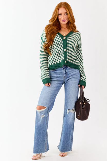 Forest Green Striped and Checkered Cardigan