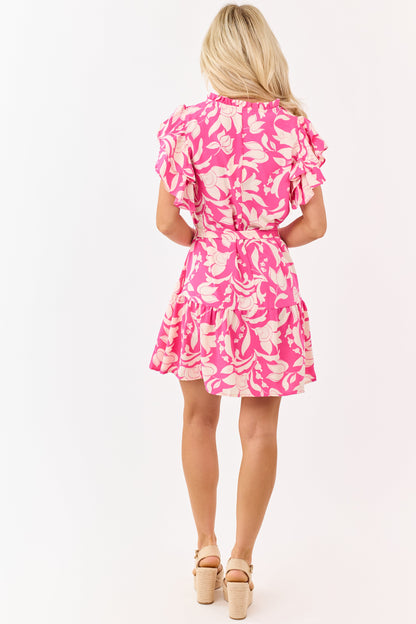 Fuchsia Floral Flutter Sleeve Waist Tie Mini Dress