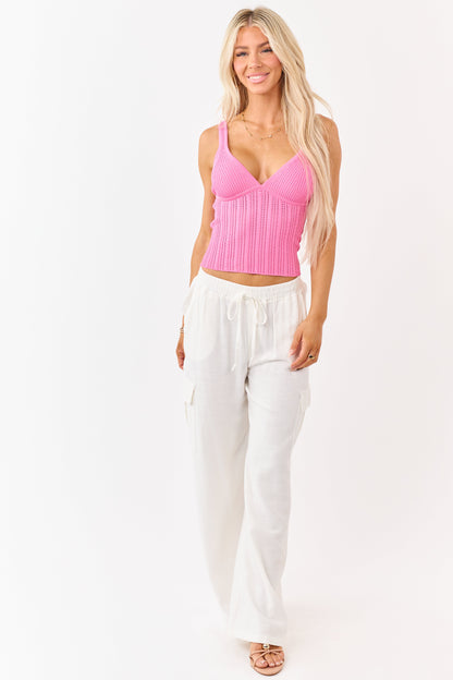 Fuchsia Pointelle Cable Knit V-Neck Tank Top