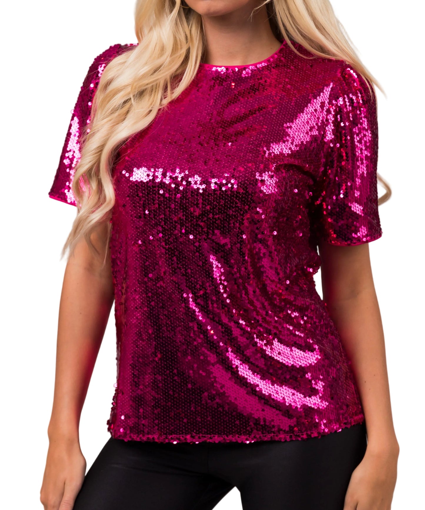 Fuchsia Short Sleeve Sequined Top
