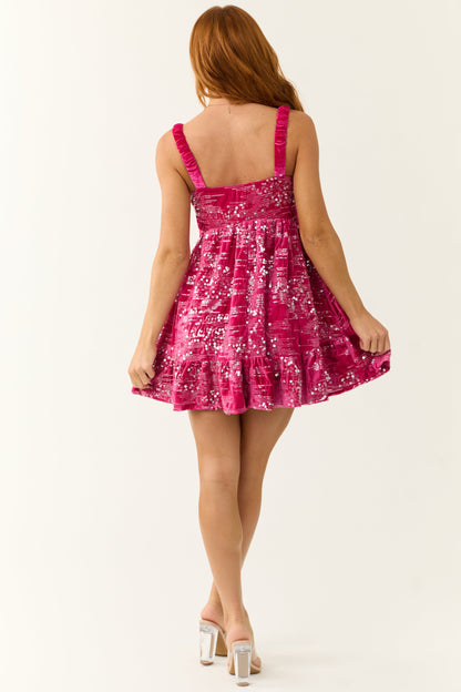 Fuchsia Sleeveless Velvet Sequin Sparkle Short Dress