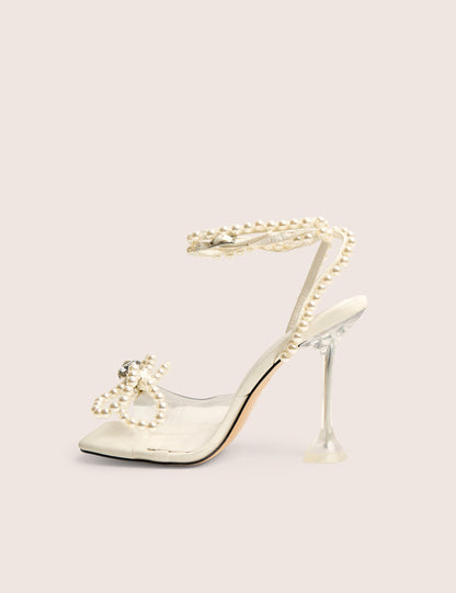 Glimmer White Wrap Around Pearl Detail Bow Square Toe Cake Stand Heels