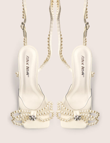 Glimmer White Wrap Around Pearl Detail Bow Square Toe Cake Stand Heels