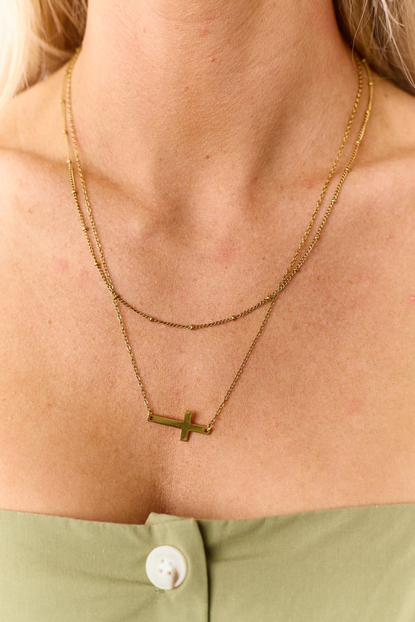 Gold Double Chain Cross Pendant Necklace