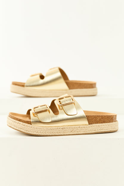Gold Espadrille Platform Twin Buckle Sandals