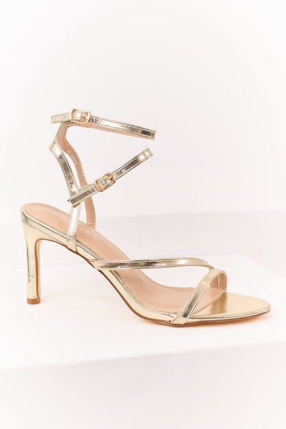 Gold Faux Leather Double Ankle Strap Heels