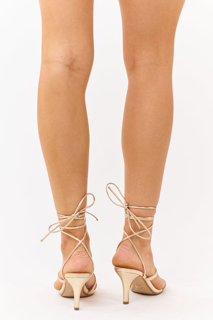 Gold Metallic Cross Strap Ankle Tie Heels