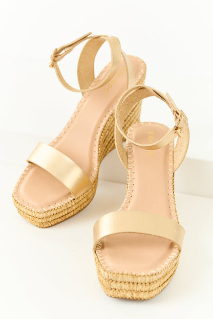 Gold Strap Open Toe Raffia Platform Wedges