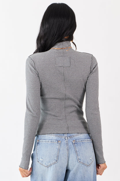 Graphite Striped Ribbed Knit Long Sleeve Mock Neck Top