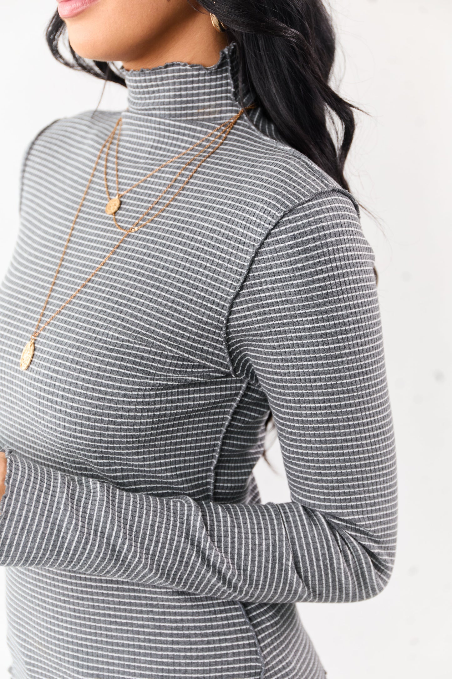 Graphite Striped Ribbed Knit Long Sleeve Mock Neck Top