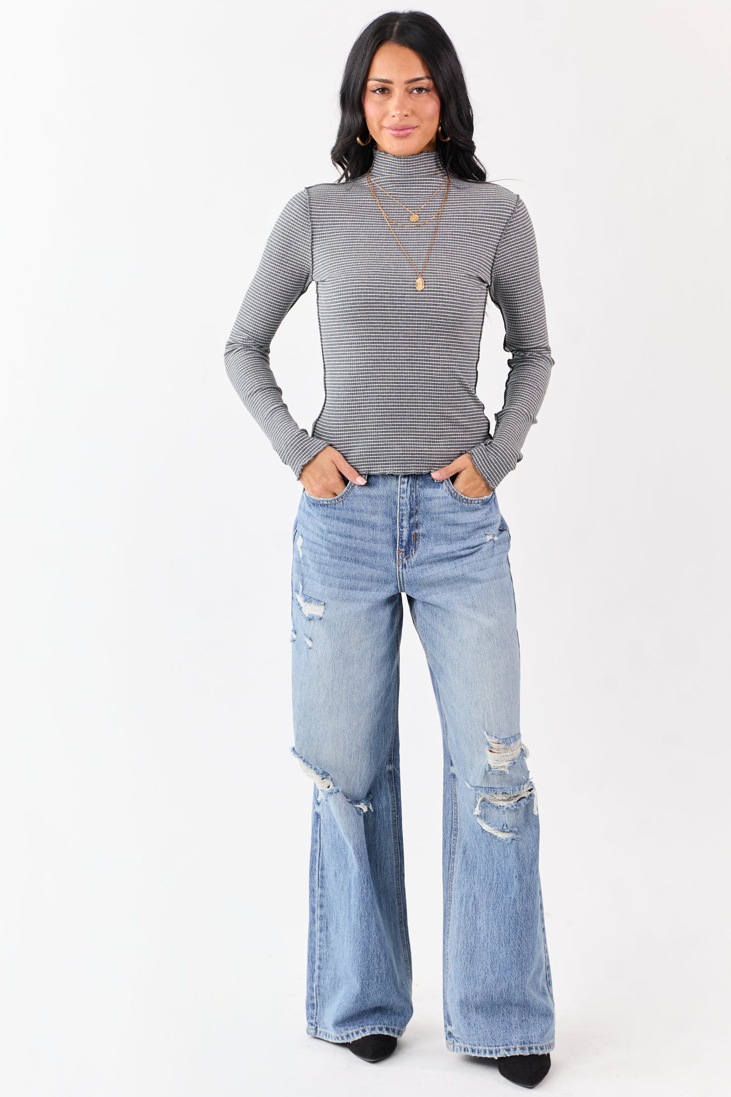 Graphite Striped Ribbed Knit Long Sleeve Mock Neck Top